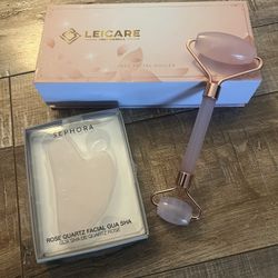 Jade and Rose Quarts Face Roller and Tool