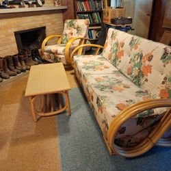 Vintage Rattan Living Room Set - Sofa, Armchair & Coffee Table