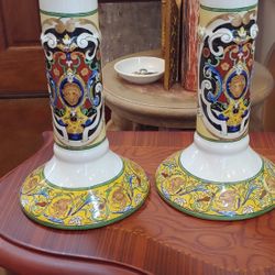 Portugal Ceramic Hand Painted Whimsical Candle Sticks 
PAIR 