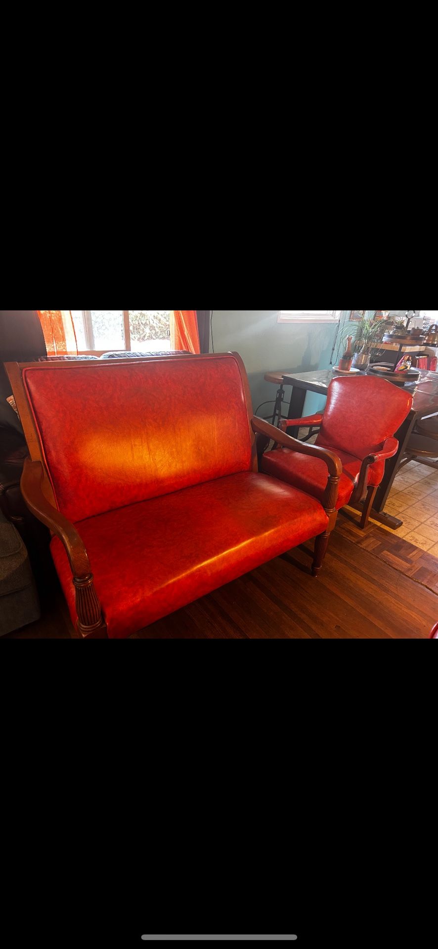 FREE- Orange Leather Pleather Couch Love Seat Vintage Older Unique Furniture Lounger Chaise
