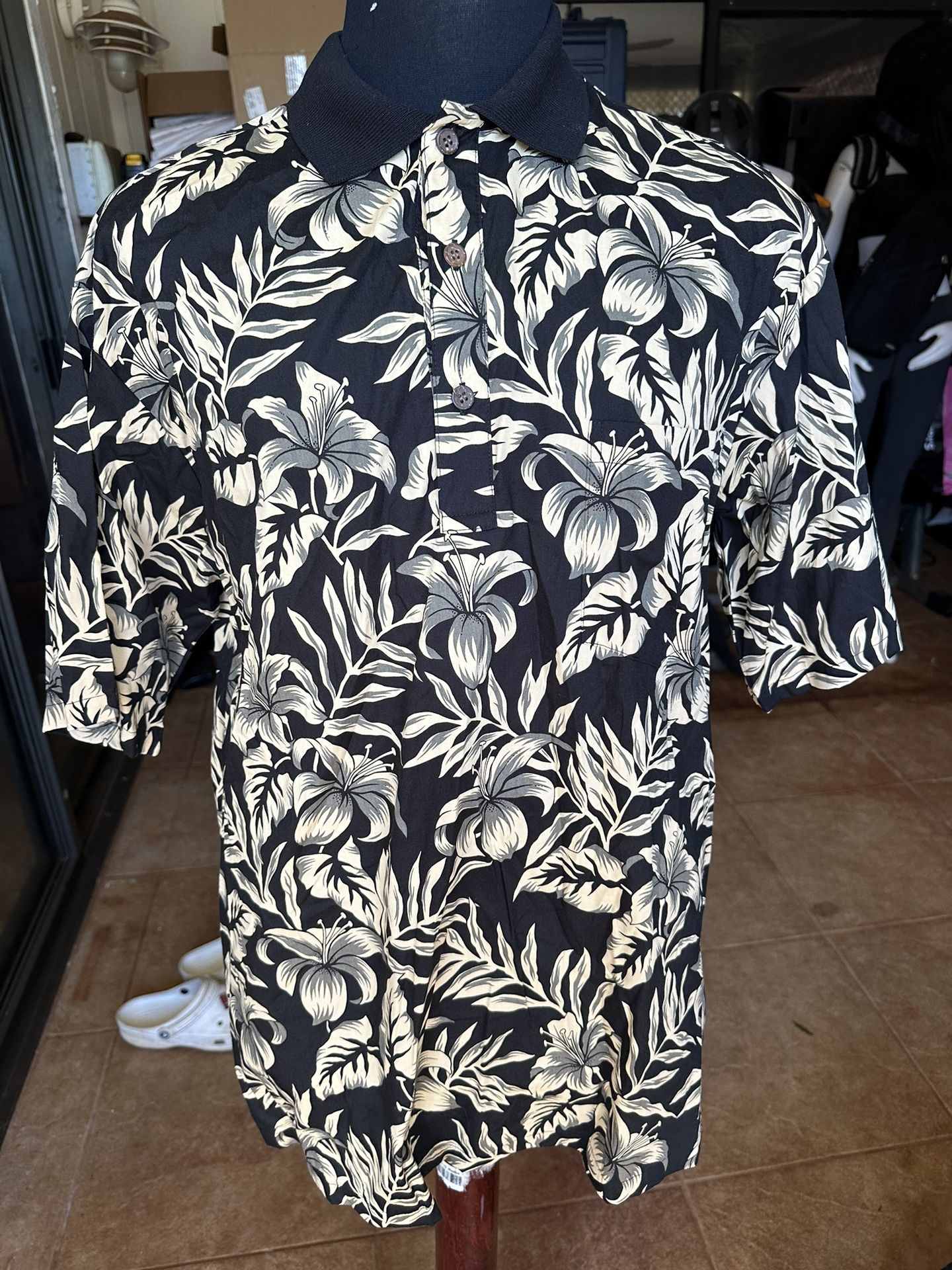 Brand New Tori Richard Hawaiian Print Black/Beige Polo Shirt Men's Medium