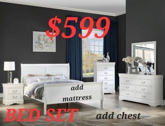 QUEEN BED FRAME DRESSER MIRROR AND NIGHTSTAND ADD MATTRESS $199 EASY CREDIT APPROVAL