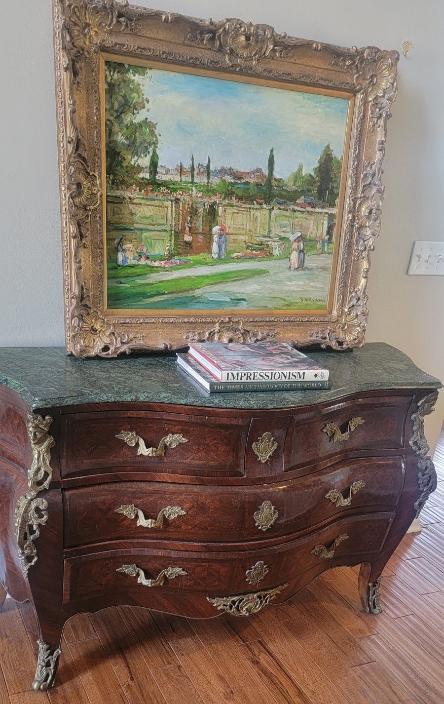Antique Marble Top Dark Wood Ormalu Bombay Chest 54 X 34