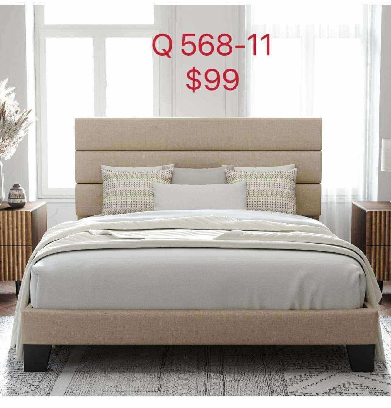 Queen Size Platform Bed Frame with Fabric Upholstered Headboard,Beige(568-11)