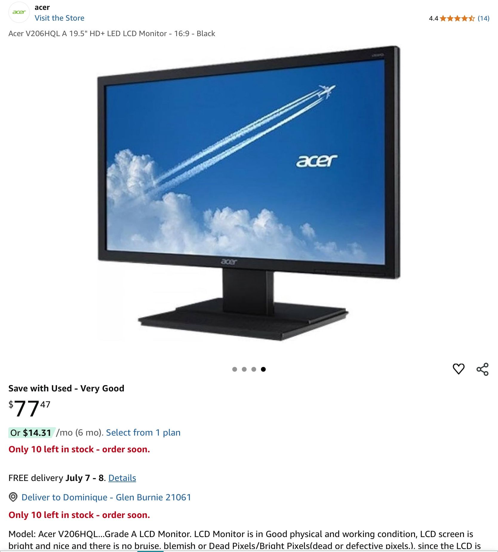 Acer V206HQL...Grade A LCD Monitor. Great for WFH