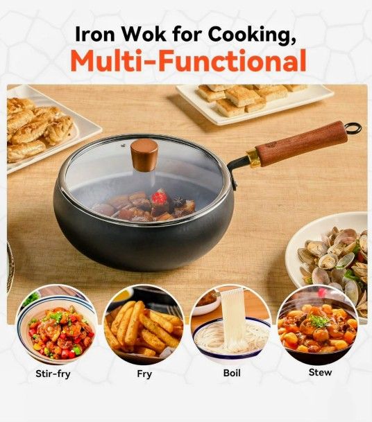 WANGYUANJI 9.5-Inch Wok Pan with Lid– Handmade Round Cooking Wok,Deep Frying Pan