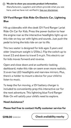 12V Ford Ranger Lariat Ride-On Electric Car For Kids By Huffy for