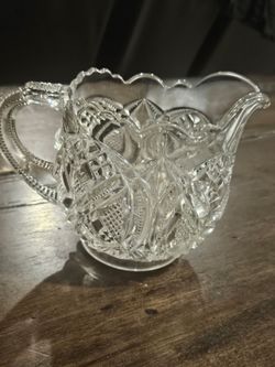 Vintage Clear Pressed Glass Creamer Pitcher – Diamond Fan Pattern, Scalloped Rim, Applied Handle