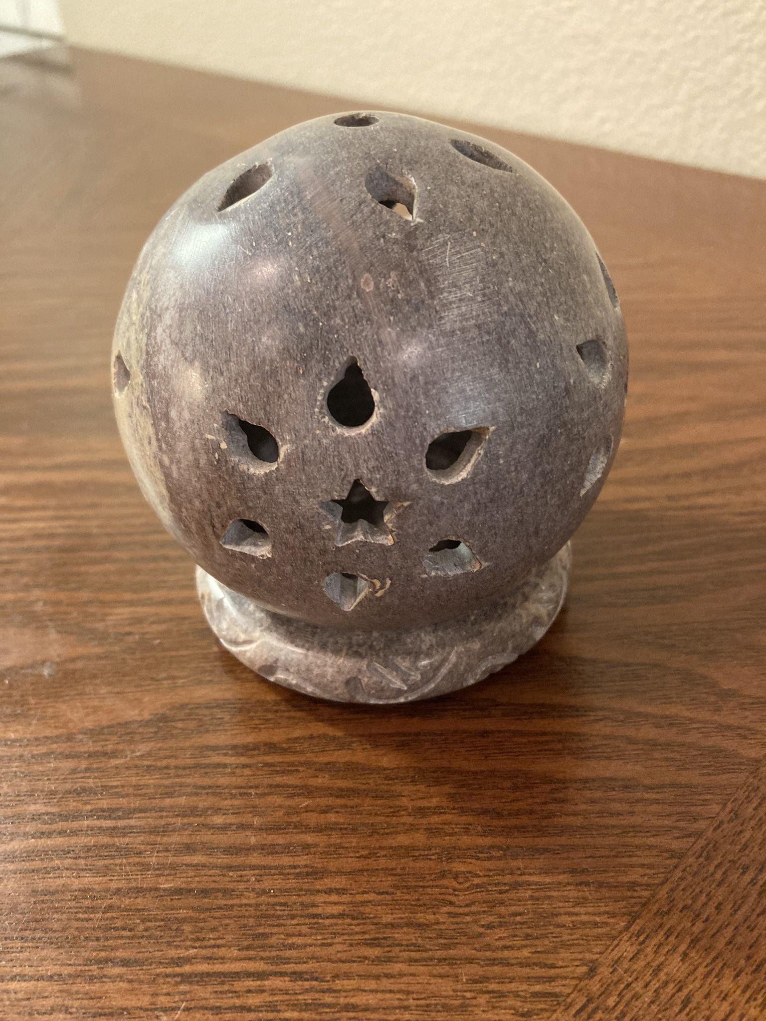Soapstone Hand Carved Tealight Holder With An Abstract Floral Pattern