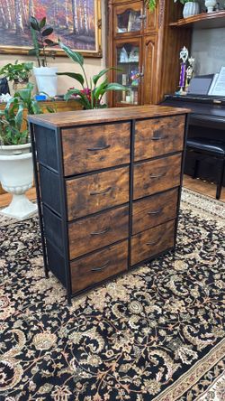 8 Drawer Fabric Rustic Oak Dresser with Steel Frame and Wood Top