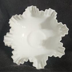 Fenton White Milk Glass Candy Dish Hog Nail Crimped Ruffled Edged Bowl