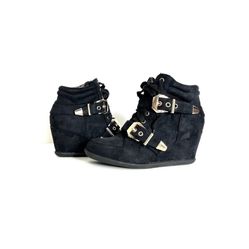 DbDk Fashion Wedge Sneaker Shoes Black Suede with Gold Buckles Leopard Interior Size 7