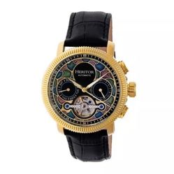 HERITOR Aura 44mm Gold Stainless Steel Case Black Leather Semi-Skeleton Men