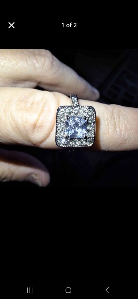 Princess-cut Halo Silver Engagement Ring. Sz. 9