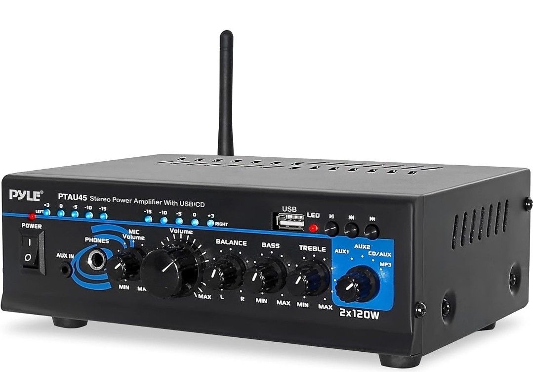 Pyle Bluetooth Audio Power Amplifier - 2x120 Max Amp Power, Portable 2 Channel Surround Sound Stereo Receiver with USB/MP3 Reader, LED Indicator Outpu