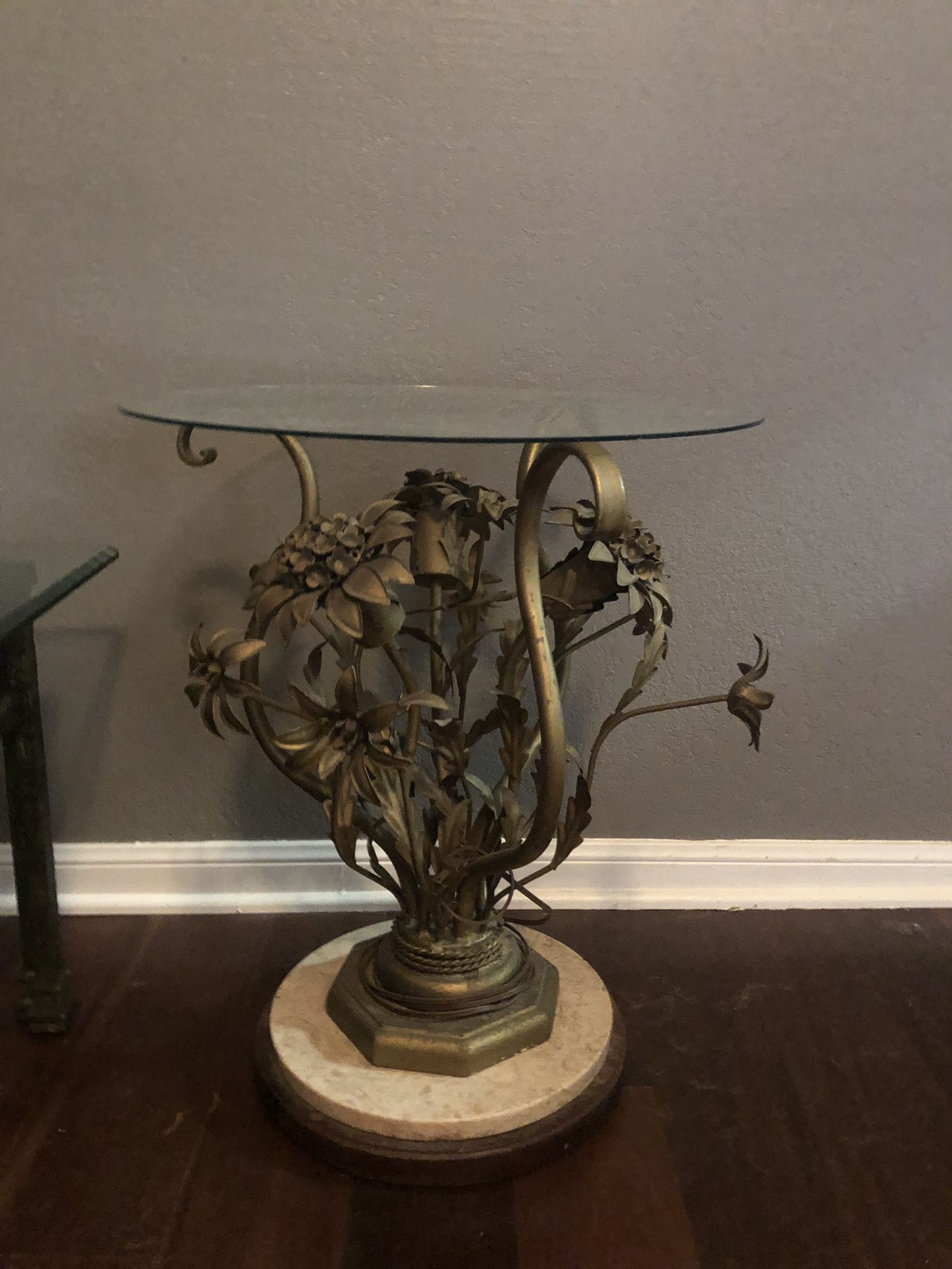 Antique brass floral side table with stone base