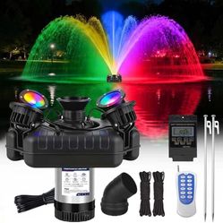 Pond Fountain Aerator with 4 RGB Color Lights, 1 HP 750W 110V Stainless Steel Floating Fountain, 100-Foot Power Cord with Multi-Function Timer, Suitab