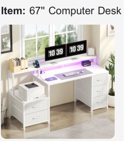 White 67” Computer Desk with Drawers + LED Lighting – Stylish & Spacious