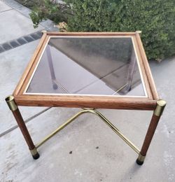 Mid-Century Wood and Brass Glass Top Side Table