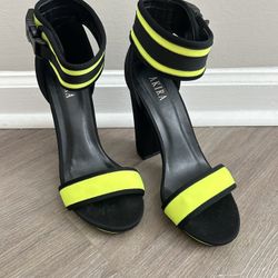 Akira Black and Lime Green Yellow Wrap Ankle Size 6.5 Heels