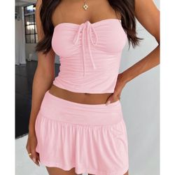 Pink Crop Top + Mini Skirt Set - Size: S