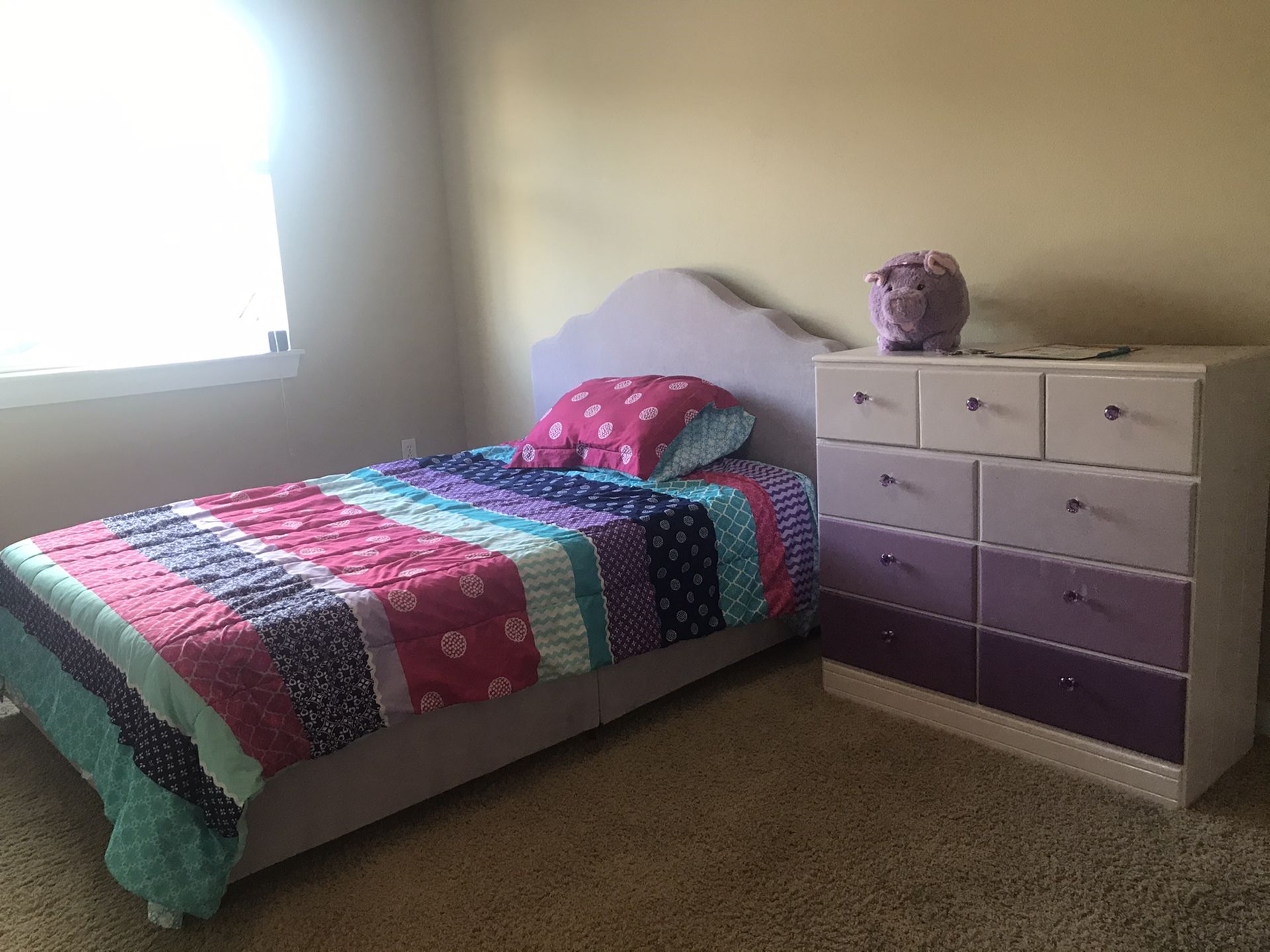 Girls queen purple bed with 9 drawer dresser set memory foam mattress included