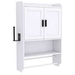 Assembled New White Over The Toilet Bathroom Wall Cabinet with Doors - Adjustable Shelf, Towel Bar & Paper Holder