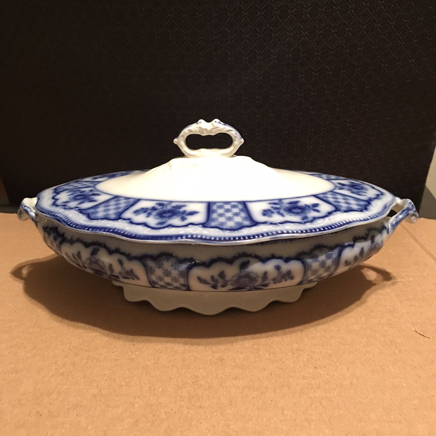 Antique 1895 WH Grindley Melbourne Beaded Flow Blue 12” Serving Dish with Lid
