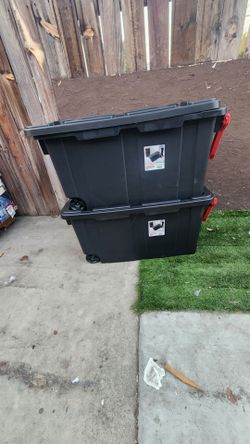 Sterilite Extra-Large Wheeled Industrial Storage Bin, 40 Gallon Durable Plastic Storage Tote with Latching Lid and Pull Handle, Black, 2 Pack
