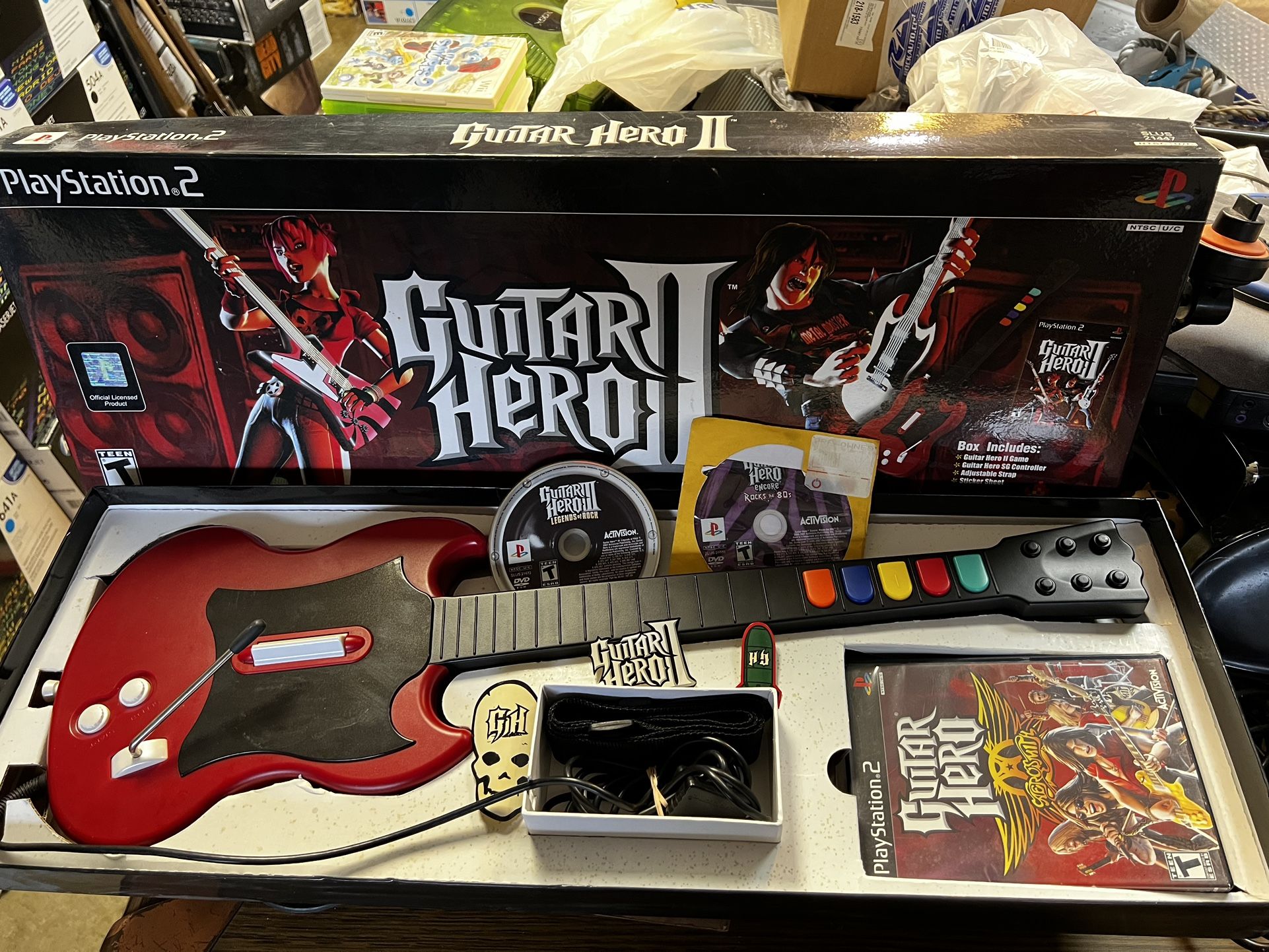 PS2 RedOctane Wired PlayStaion 2 Guitar Hero II Controller Boxed W/ 3 Games Lot  PS2 RedOctane Wired PlayStaion 2 Guitar Hero II Guitar Controller Box