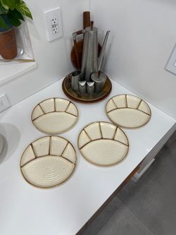 Vintage Laurentian Pottery Fondue Plates – Set of 4 | Speckled Beige Sectioned Ceramic Plates | Made in Canada | MCM Tableware