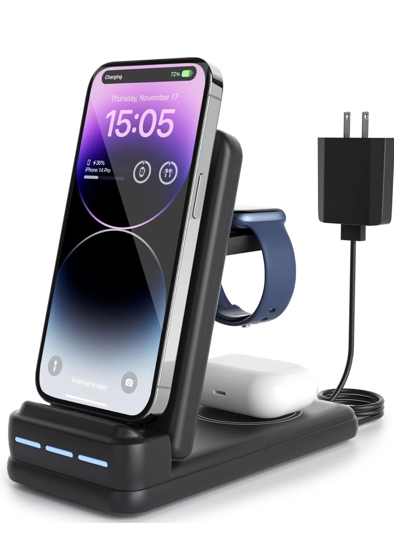 Charging Station for Multiple Devices Apple - DNTGVUP Foldable 3 in 1 Wireless Charger for iPhone 15/14/13/12/Pro/Plus/11/XS/XR/X/8, Charger Stand Com