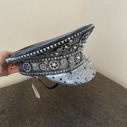 Burning Man Steampunk Captain Top Cap Party Festiva Hat w/ Spike Metallic Silver