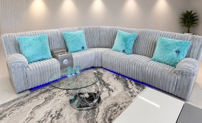 GREY CORDUROY RECLINER SECTIONAL - bluetooth speakers & LED Lights 💡