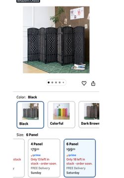 6 Panel Rattan Divider Short Room Partition Screen,Double Sided Folding Divider for Room Separation,Black,47.2" H x 94.5" W (q4)