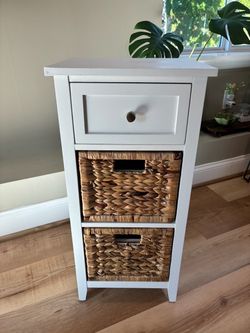 Refurbished White Accent Table / Nightstand – 3 Wooden Drawers with Woven Accents