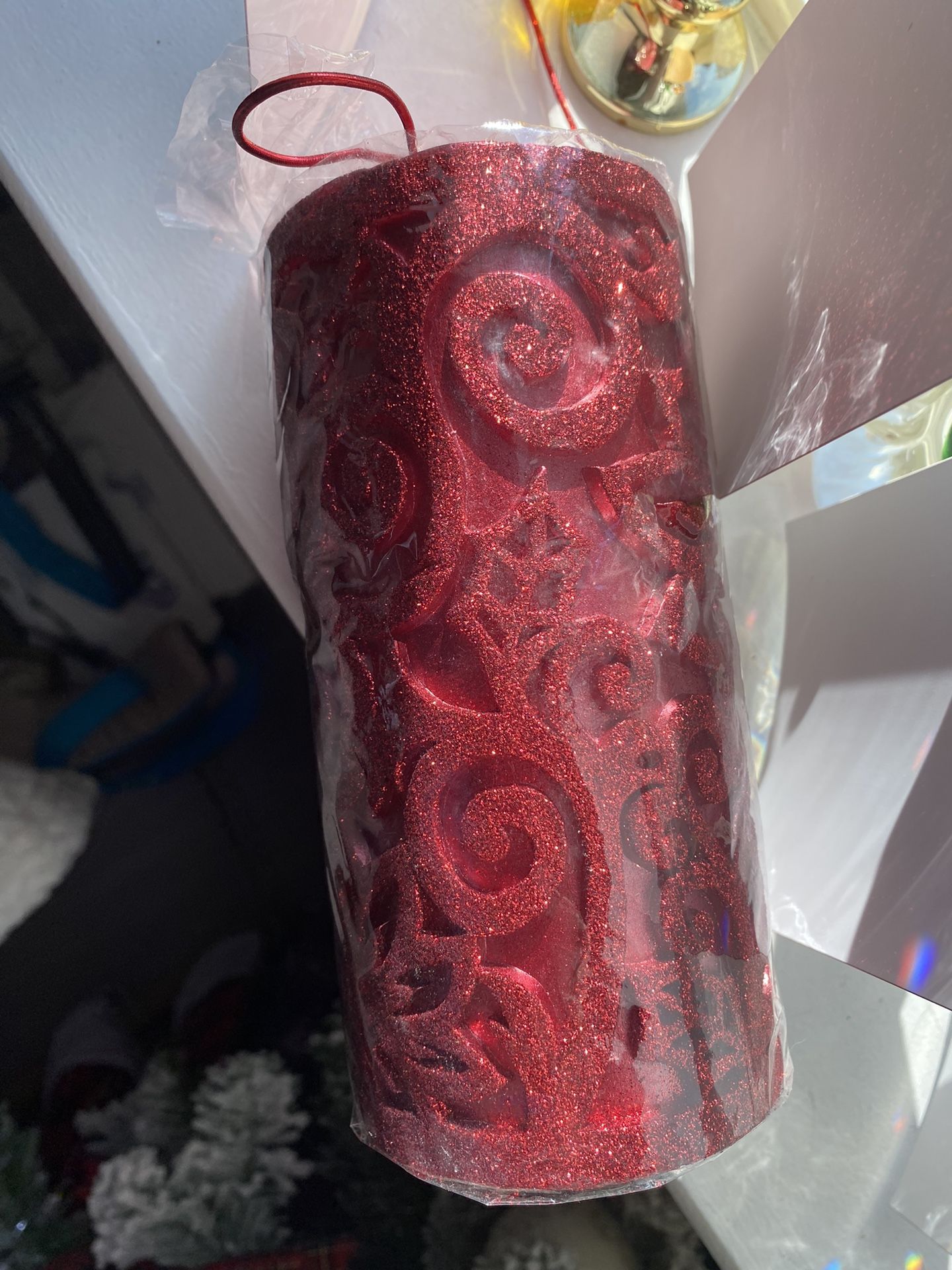 Glitter Embossed 8 inch pillar, candle and ornaments