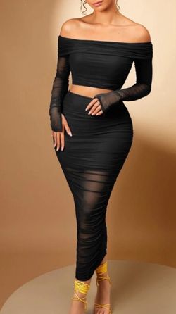 Silquee Off Shoulder Crop Top & Ruched Pencil Skirt