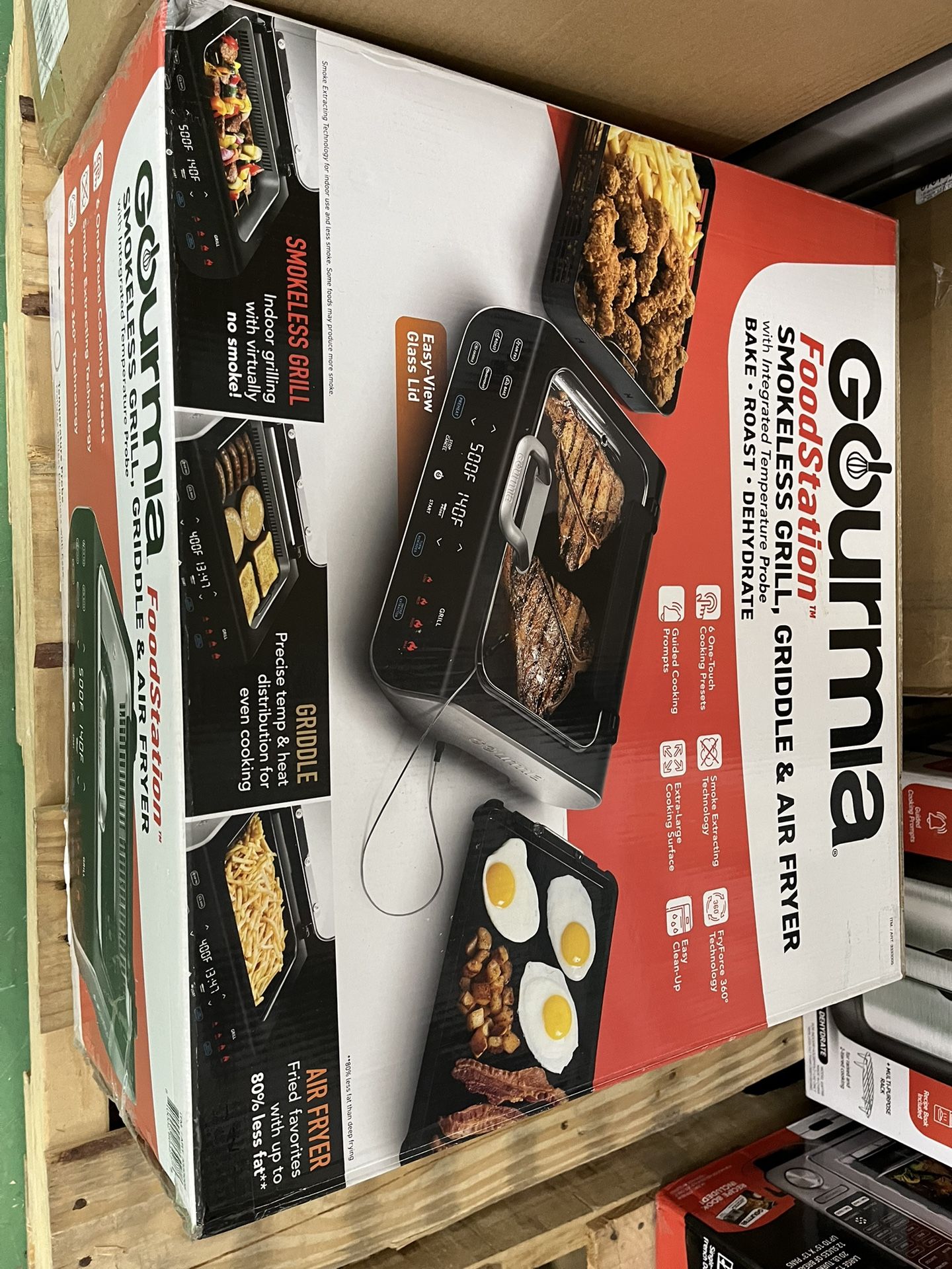 Gourmia FoodStation™ Smokeless Grill, Griddle & Air Fryer with with Smoke Extracting Technology, 6 One-Touch Cooking Functions, Extra-Large Nonstick C