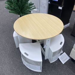 AS IS Minor Dent New Assembled Kids Table and Chairs, 5 Pieces Wooden Round Children Nesting Desk with 4 Storage Stools & 4 Fabric Drawers