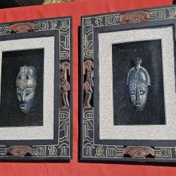 Pair of Large 17.5" Vintage African-Style Shadow Box Framed Mask Sculptures 