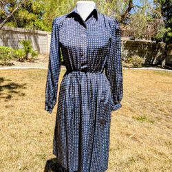 Vintage 1980s Navy Paisley Print Talbots Petites 2P Midi Blouson L/S Dress EUC