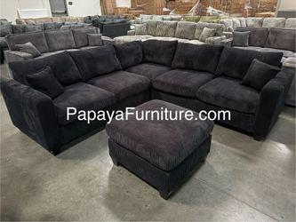 New Modern Black Couch Minimalist Designer Style Staging Living Room Fabric Sectional Sofa with Ottoman Set Discount Furniture Clearance Closeout Sale