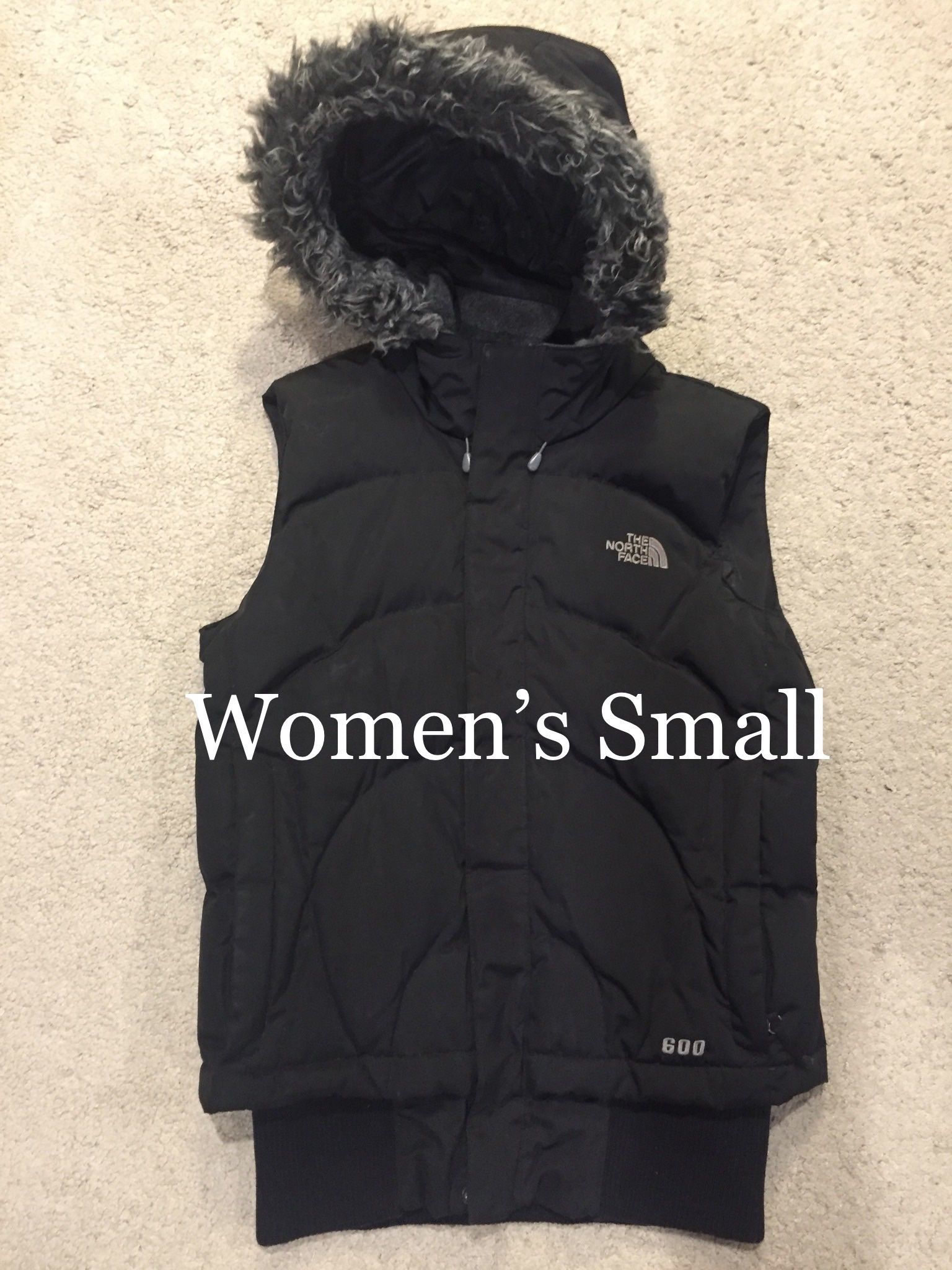 NORTH FACE / "PRODIGY" 600 Down Puffy Vest Coat Jacket w/ Fur Hood / Women’s Small (S) / Retails $200 +Tax / Excellent Condition!! / Black & Gold