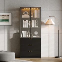 31.5 inch Modern Black Display Bookcase with LED Light and Glass Doors