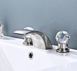 Brushed Nickel Waterfall 3 Hole Bathroom Sink Faucet, Brass Vanity Widespread Crystal Modern Restroom 3 Piece Unique Faucet with Pop up Drain for Sink
