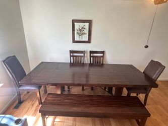 Expandable Dining Table Set with Storage Bench & 4 Chairs – Dark Walnut