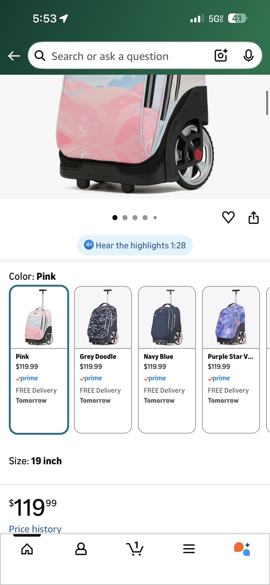 NEW TILAMI 19 inch Rolling Backpack Teens Rolling Backpack Cute Wheeled Laptop Backpack Bookbag Roller