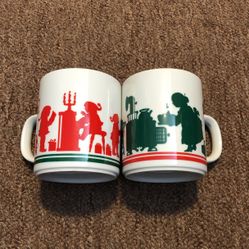 Vintage Avon Christmas Mug Holiday 1984 Santa Claus & Elves Set of 2 Coffee Cups
