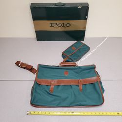 New in box Vintage Polo Ralph Lauren Green Canvas Brown Leather Traveler Bag Set